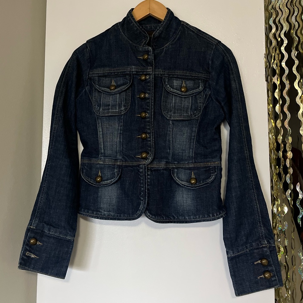 Dark Blue Denim Military-Style Jean Jacket